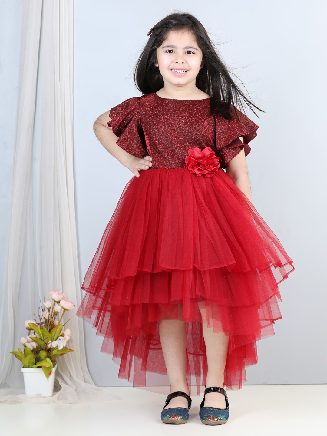 

Toy Balloon kids Maroon Flutter Sleeve Net Fit & Flare Maxi Dress