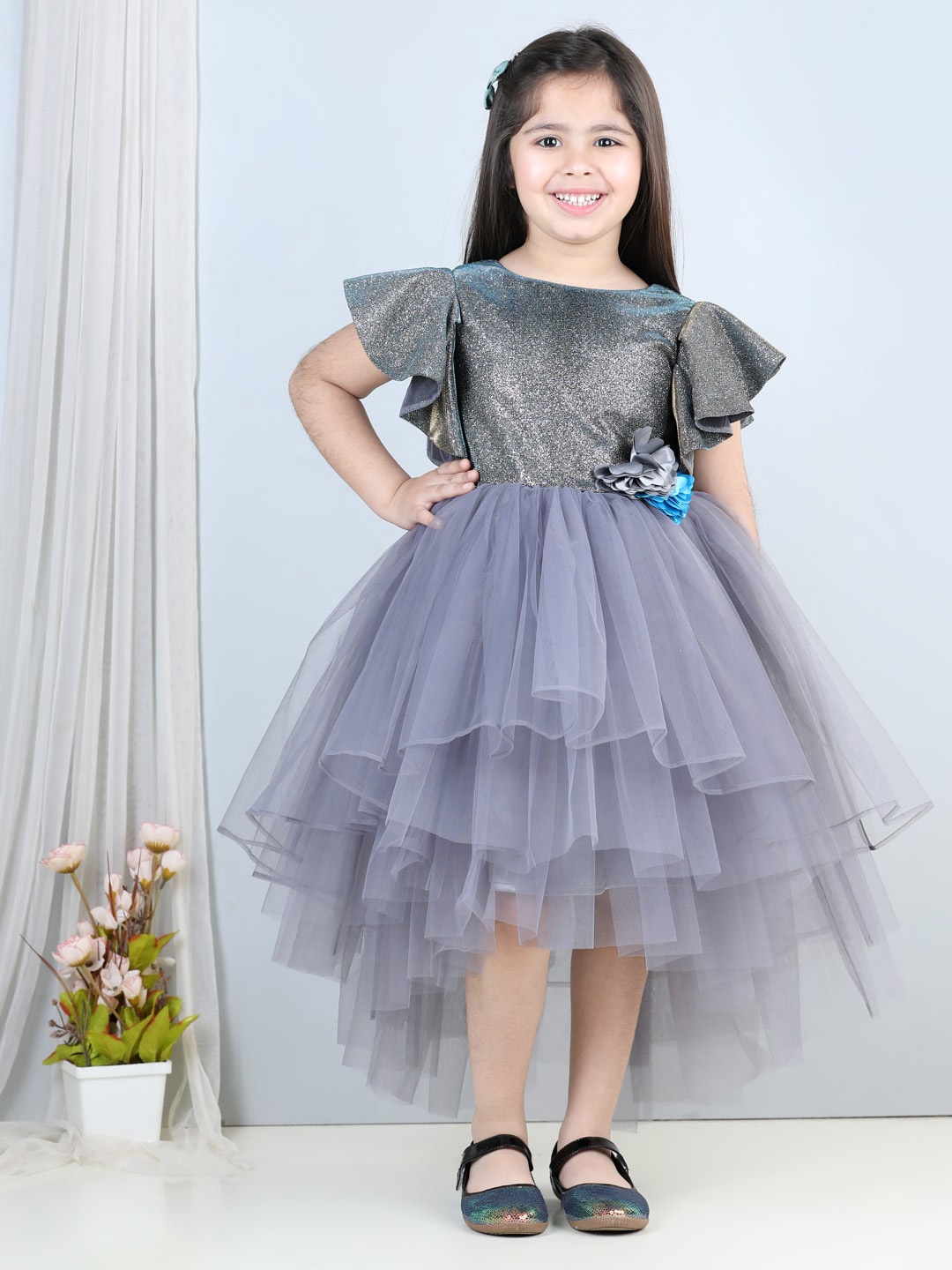 

Toy Balloon kids Girls Embroidered High Low Crepe Fit & Flare Dress, Grey
