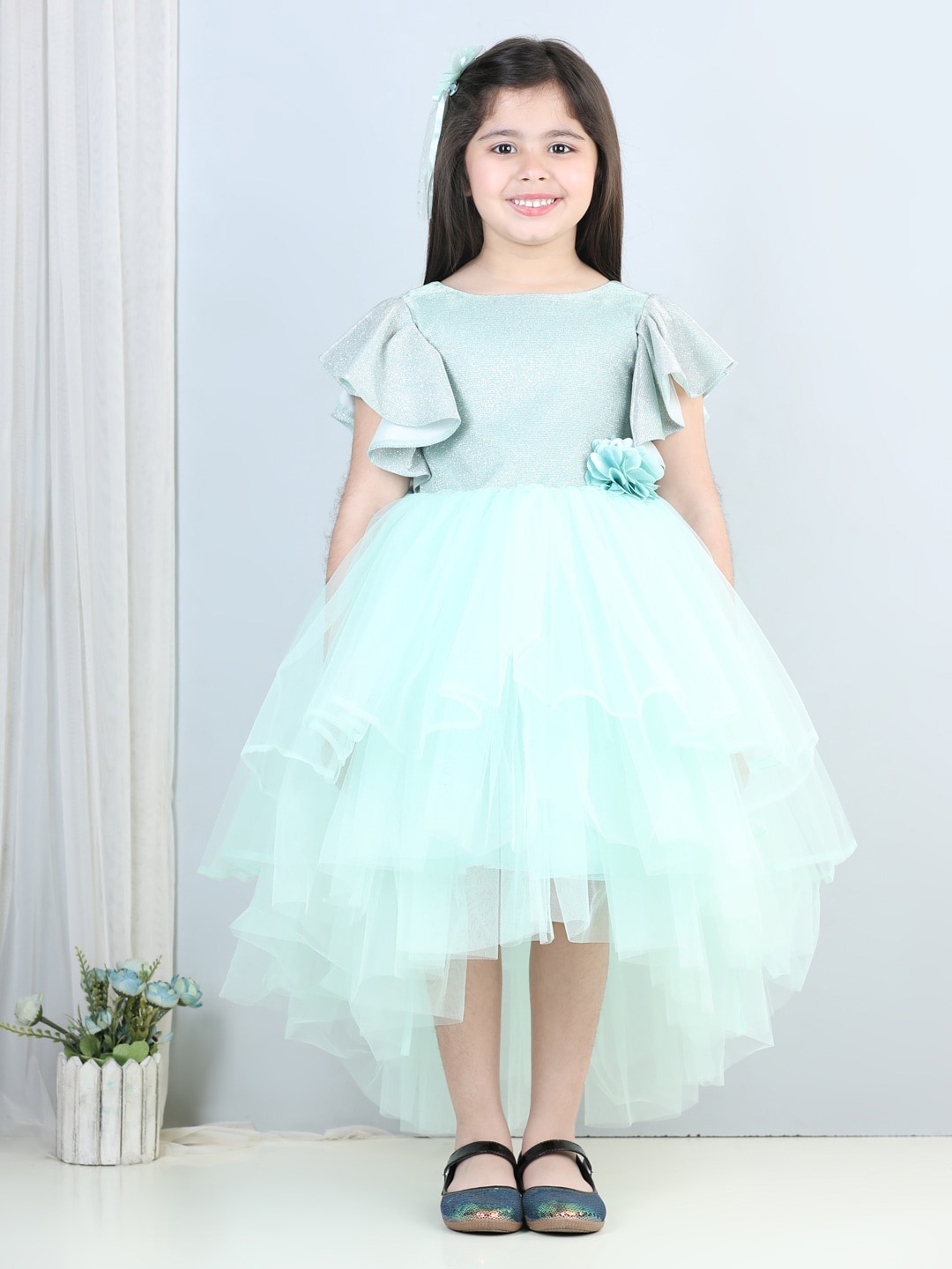 

Toy Balloon kids Girls Embroidered High Low Crepe Fit & Flare Dress, Sea green