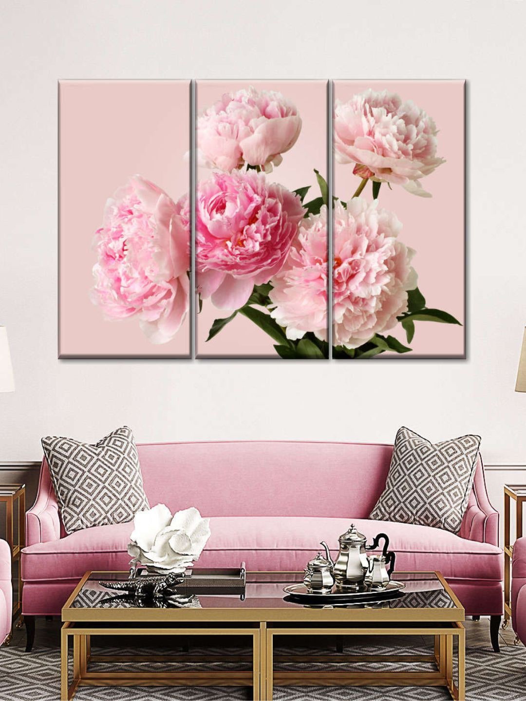 

POSTERS AND TRUSS Set Of 3 Pink Peonies Bouquet Painting Frame