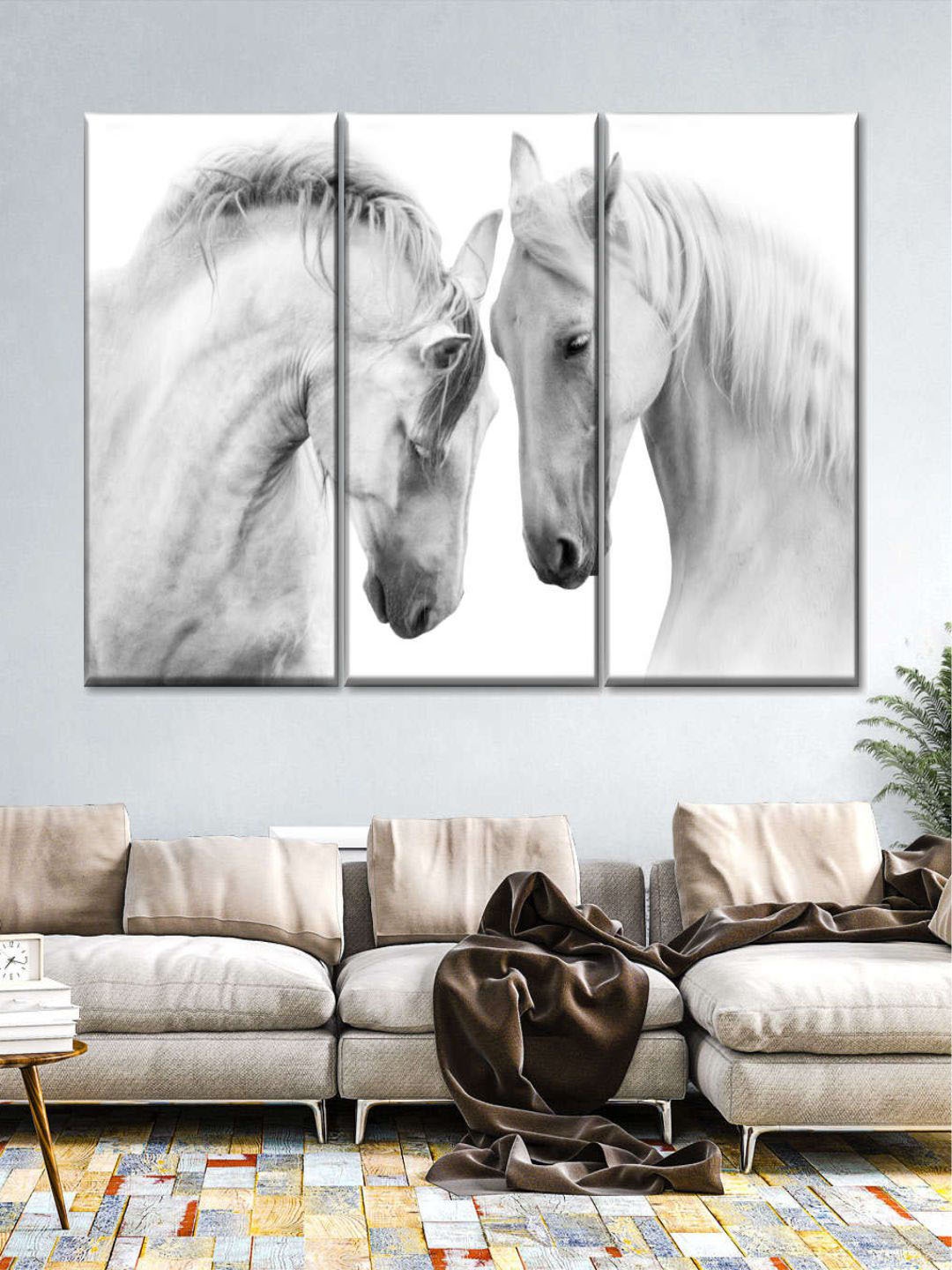 

POSTERS AND TRUSS 3 Pcs White Horse Couple Printed Canvas Framed Wall Art