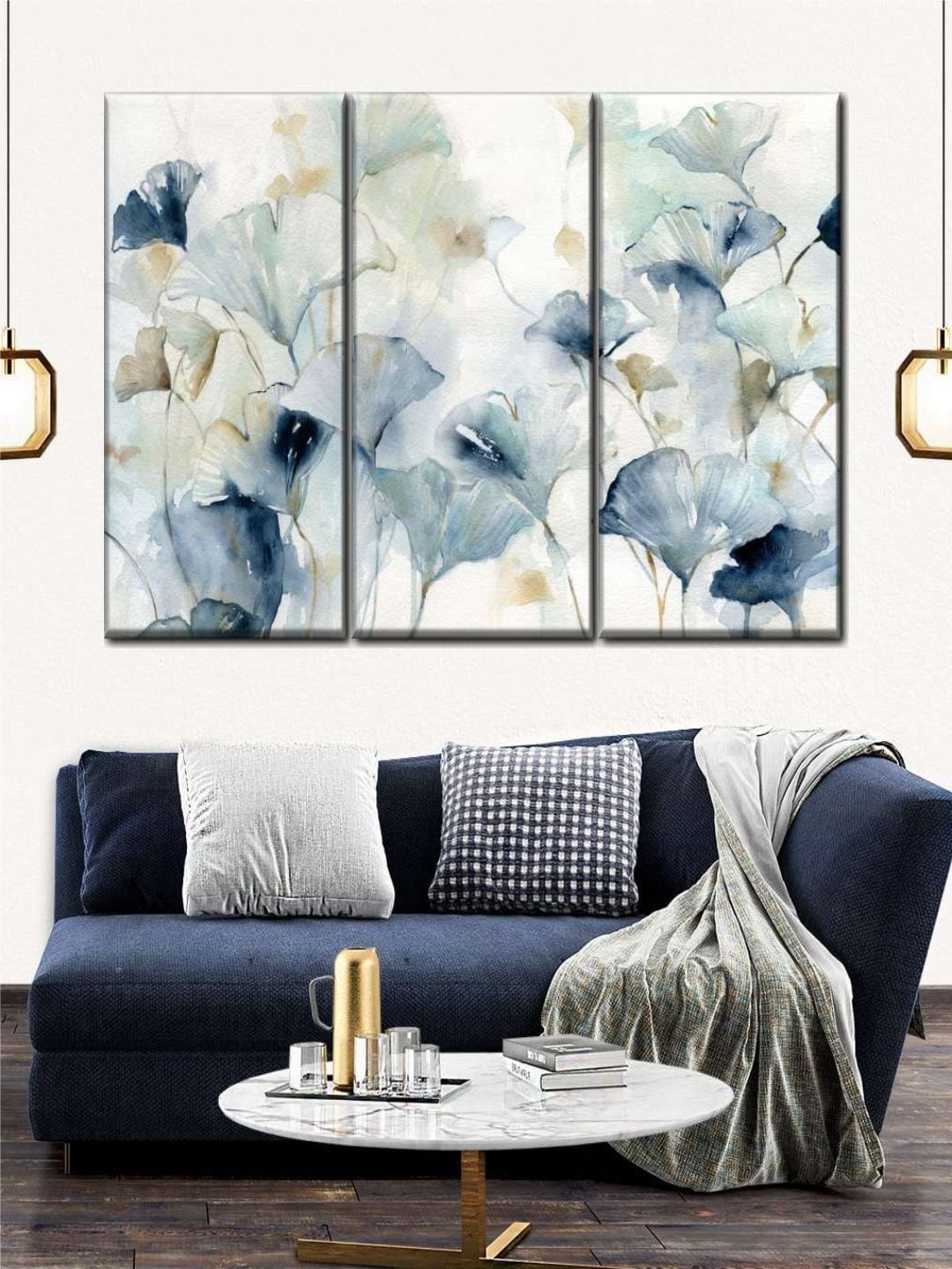 

POSTERS AND TRUSS 3 Pcs Blue Floral Foyer Printed Framed Wall Painting