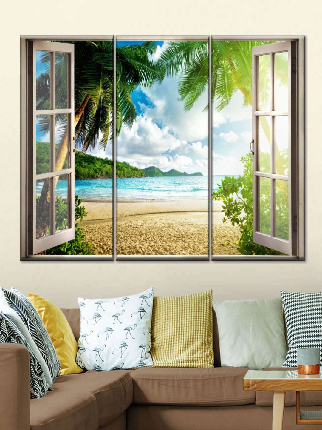 

POSTERS AND TRUSS 3-Pcs Green & Blue Window To Lush Beach Printed Framed Wall Art