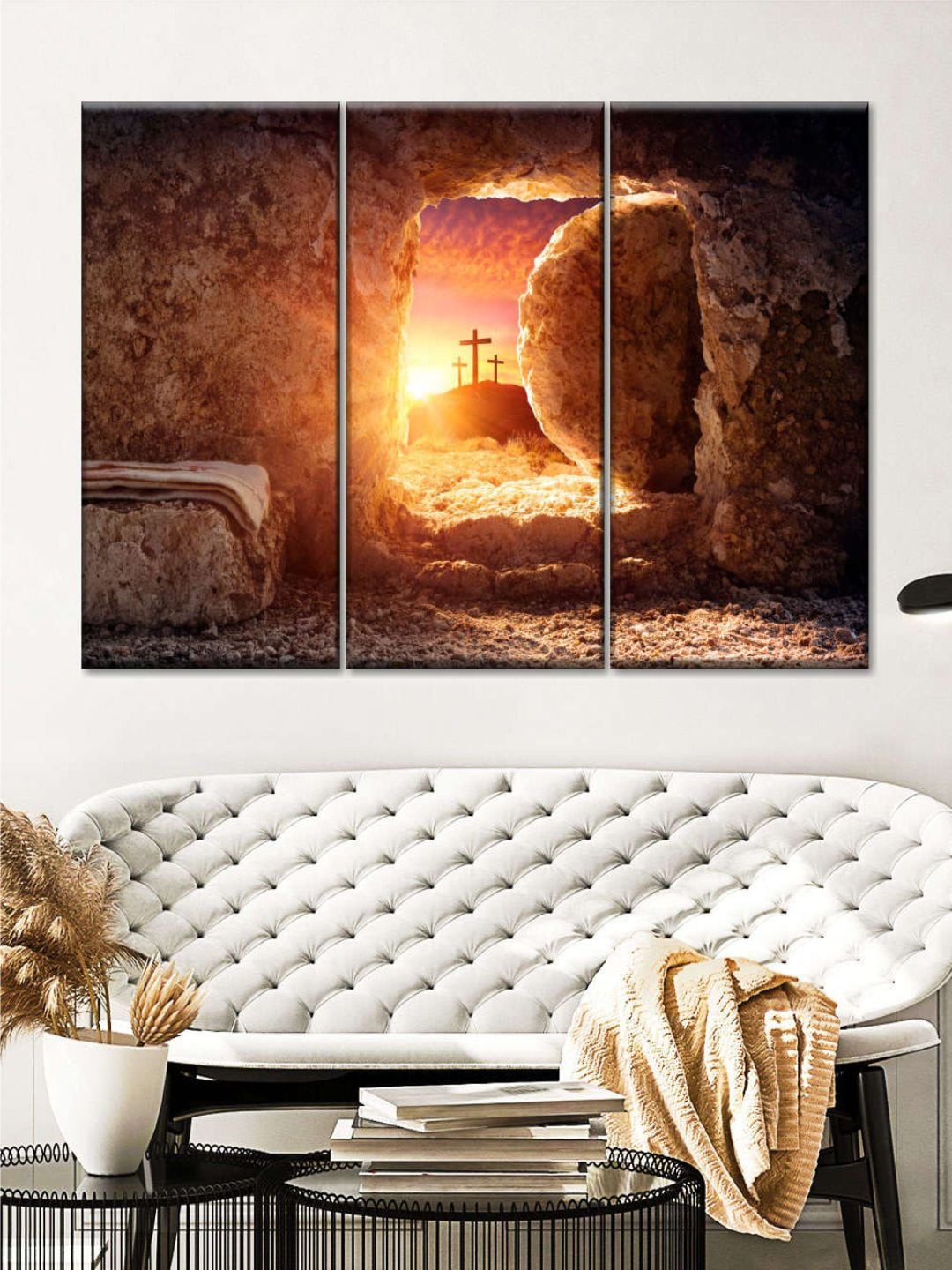 

POSTERS AND TRUSS 3-Pcs Red & Brown Resurrection Of Jesus Christ Painting Canvas Wall Art