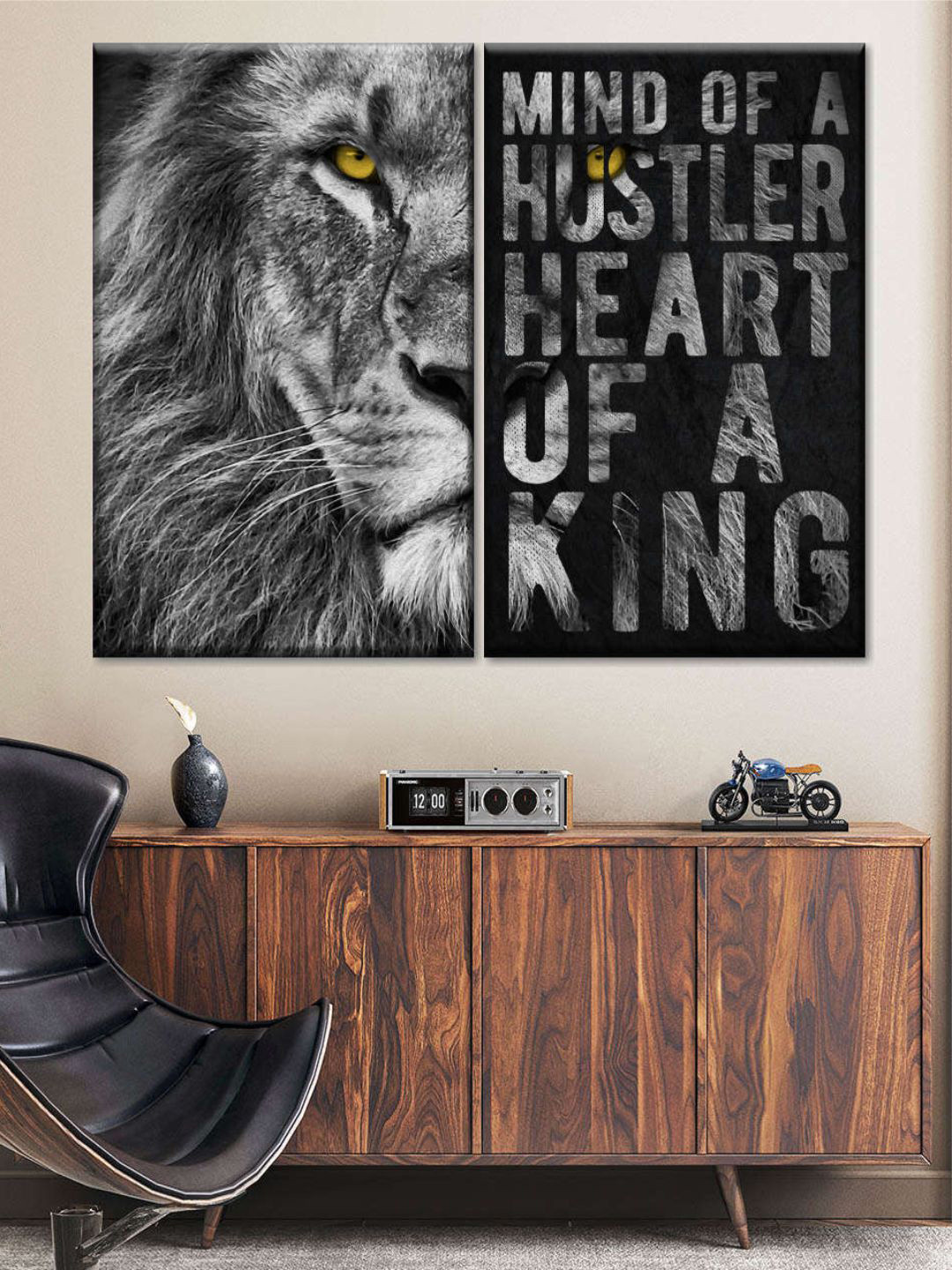 

POSTERS AND TRUSS 2-Pcs Black & White Lion Hustler Inspirational Quote Framed Wall Painting
