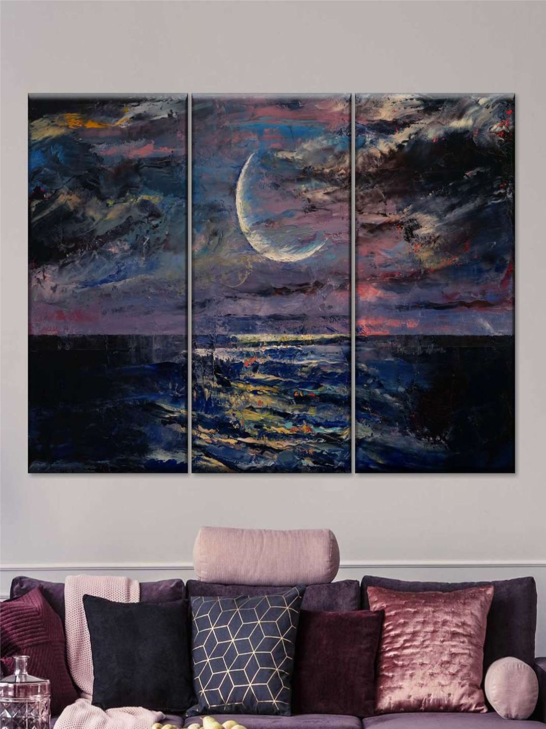 

POSTERS AND TRUSS 3-Pcs Blue & Pink Moon Framed Wall Painting