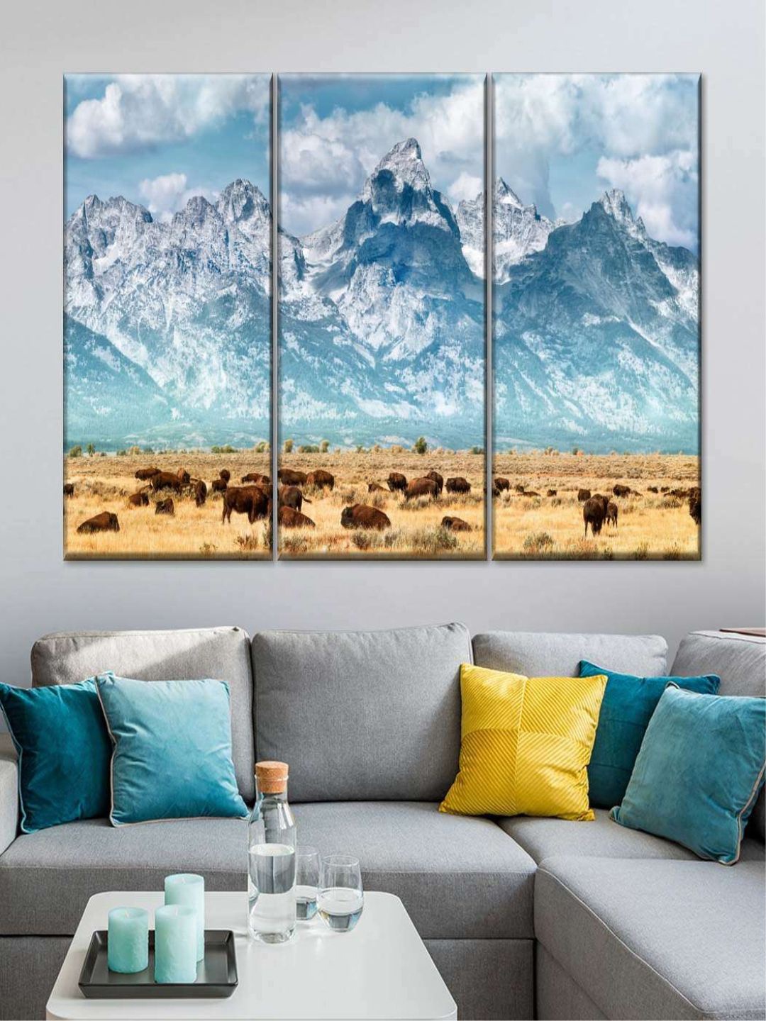 

POSTERS AND TRUSS 3-Pcs Blue Bison Herd In Grand Teton Painting Canvas Wall Art