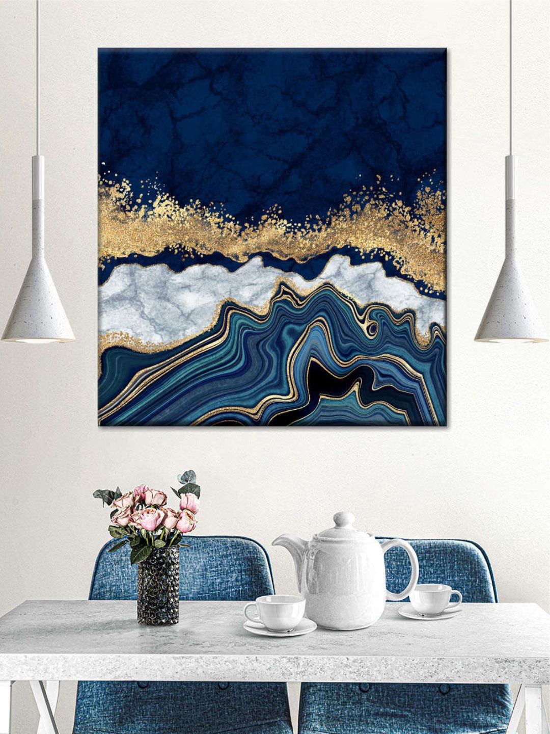 

POSTERS AND TRUSS Blue & Gold Toned Marble Sea Abstract Framed Wall Painting