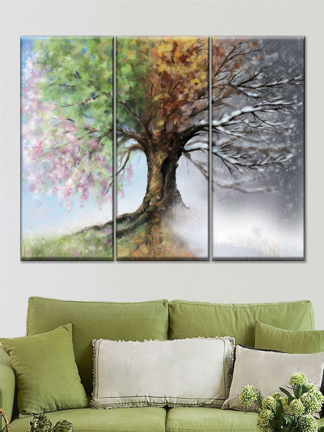 

POSTERS AND TRUSS 3-Pcs Green & Brown Tree With Four Seasons Tree Painting Frame Wall Art