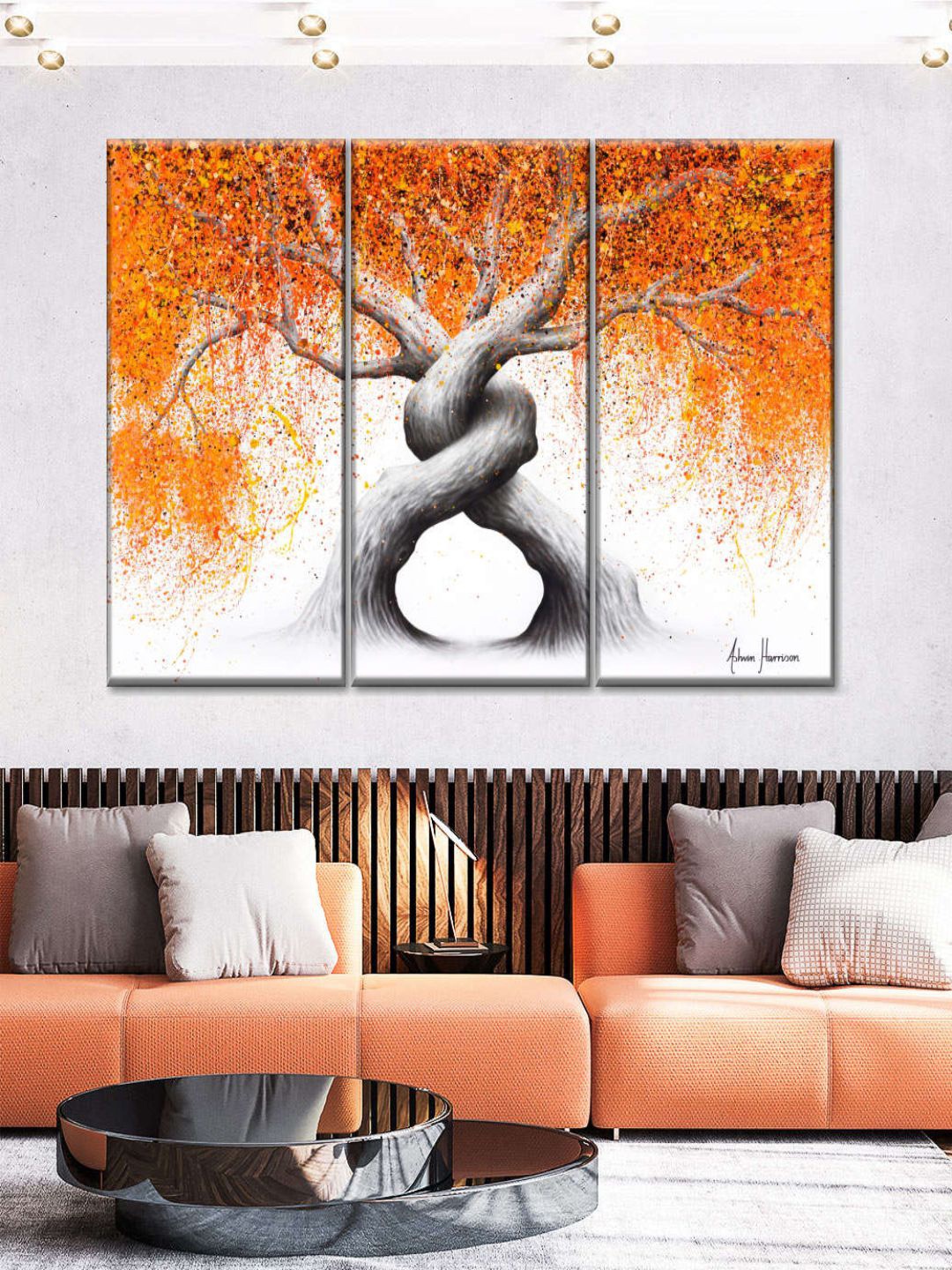 

POSTERS AND TRUSS 3-Pcs Orange & Grey Twisting Love Trees Painting Frame Wall Art