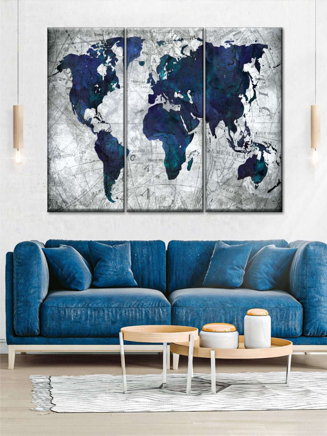 

POSTERS AND TRUSS 3-Pcs Grey & Blue World Map Framed Wall Painting