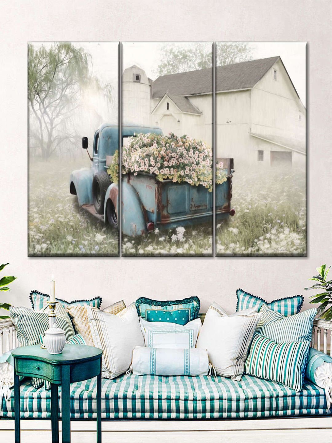 

POSTERS AND TRUSS 3-Pcs Grey & Blue Full OF Flowers Painting Frame Wall Art
