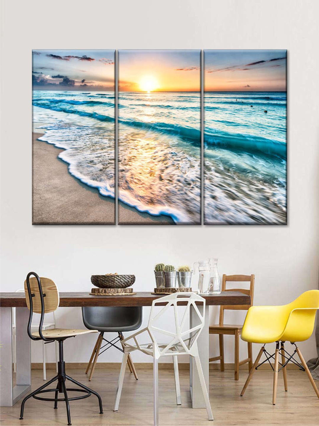 

POSTERS AND TRUSS 3-Pcs Blue & Beige Beach Pattern Frameless Picture Waterproof Wall Painting