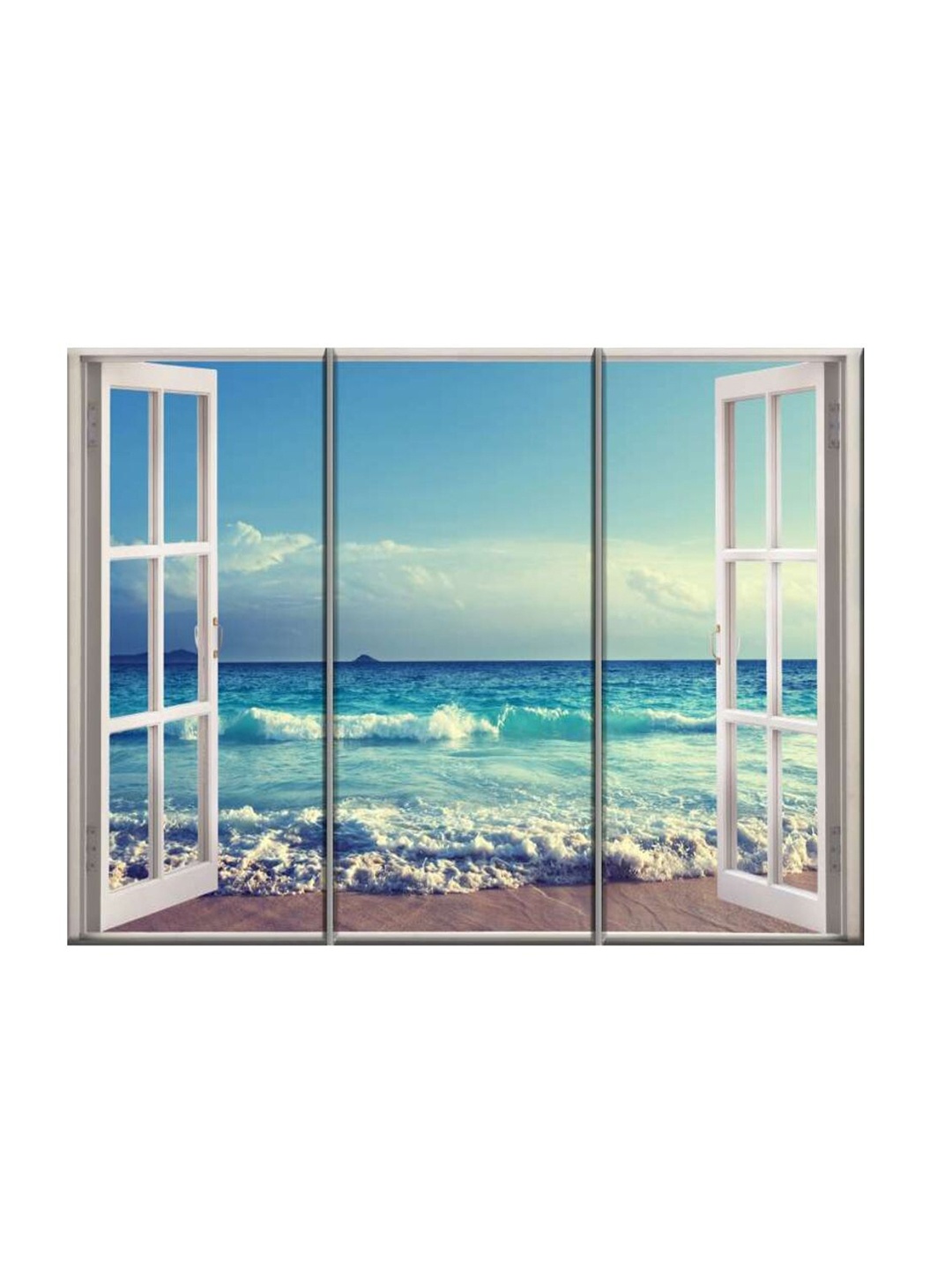 

POSTERS AND TRUSS 3 Pcs Blue & White Beautiful Beach Vinyl Mural 3D Window Printed Wall Art