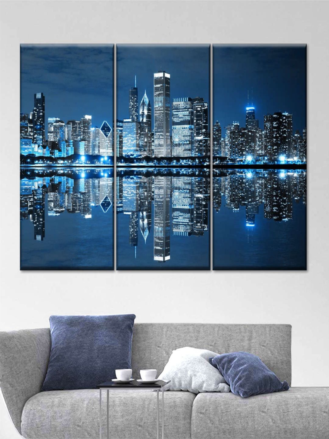 

POSTERS AND TRUSS 3 Pcs Blue & White Chicago Night Lights Printed Framed Wall Art