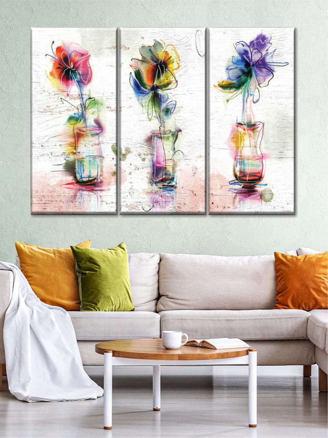 POSTERS AND TRUSS 3 Pcs White & Yellow Rustic Flowers Printed Wall Art