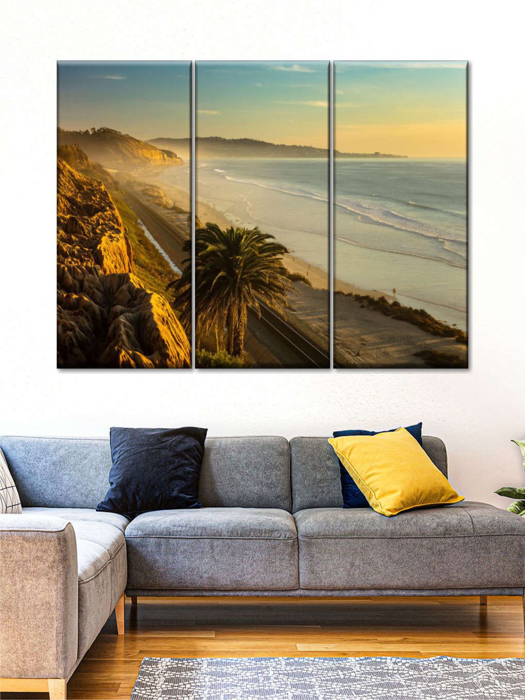 

POSTERS AND TRUSS 3-Pcs Blue & Orange Torrey Pines Beach Sunset Painting Wall Art