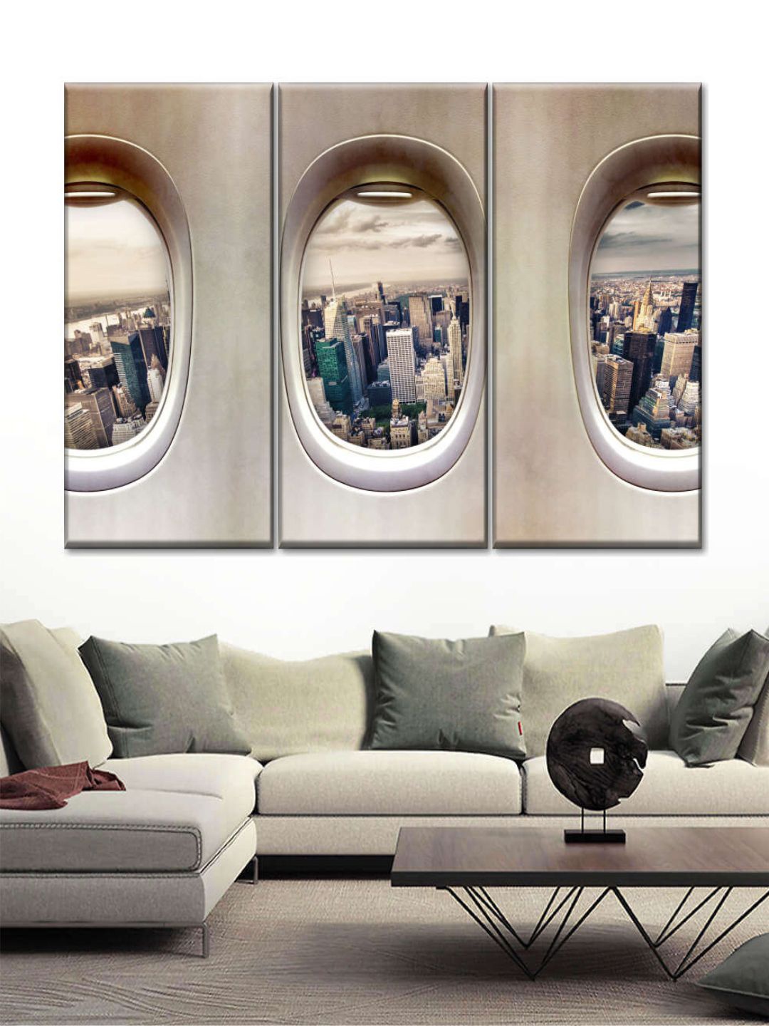 

POSTERS AND TRUSS 3 Pcs Brown & White Airplane Windows Printed Framed Wall Art