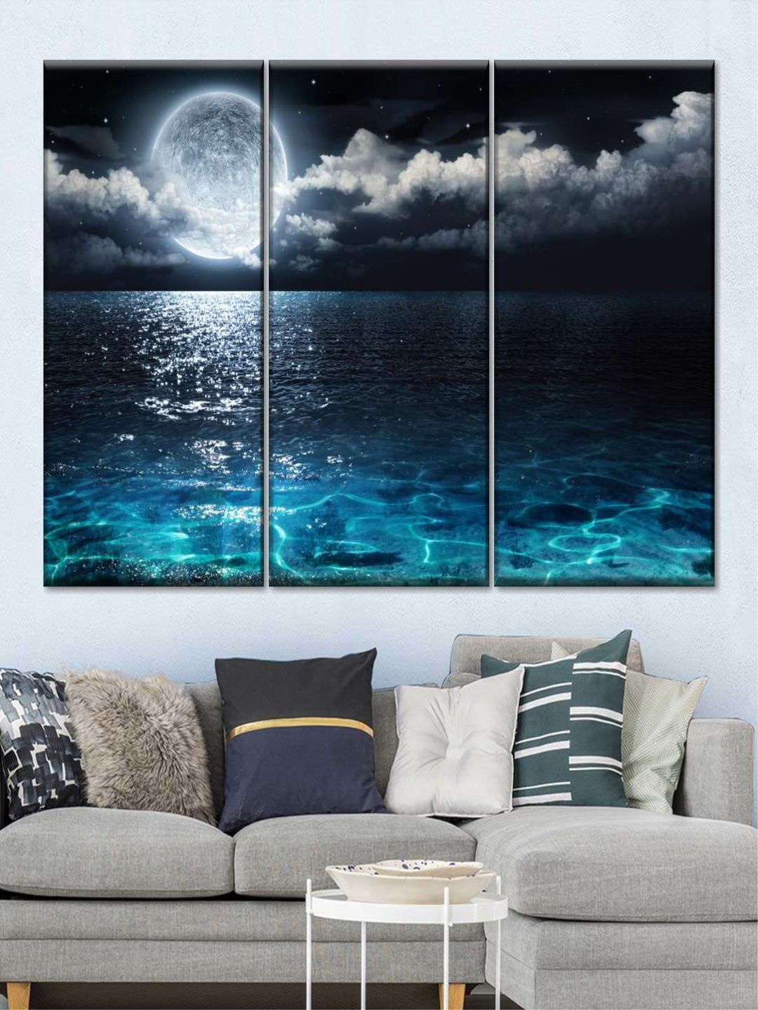 

POSTERS AND TRUSS 3-Pcs Black & Blue Romantic Full Moon Printed Framed Wall Painting