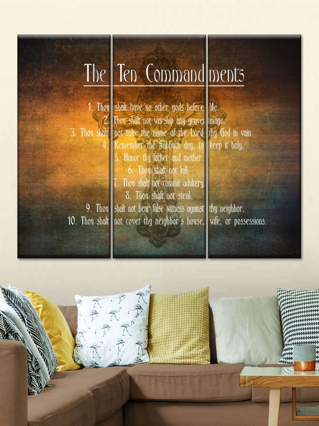 

POSTERS AND TRUSS 3-Pcs Brown & White Bible's Ten Commandments Printed Framed Wall Art, Multi
