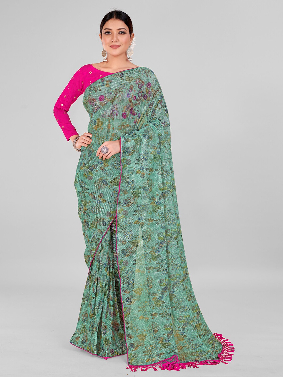 

Granthva Fab Floral Printed Zari Saree, Teal
