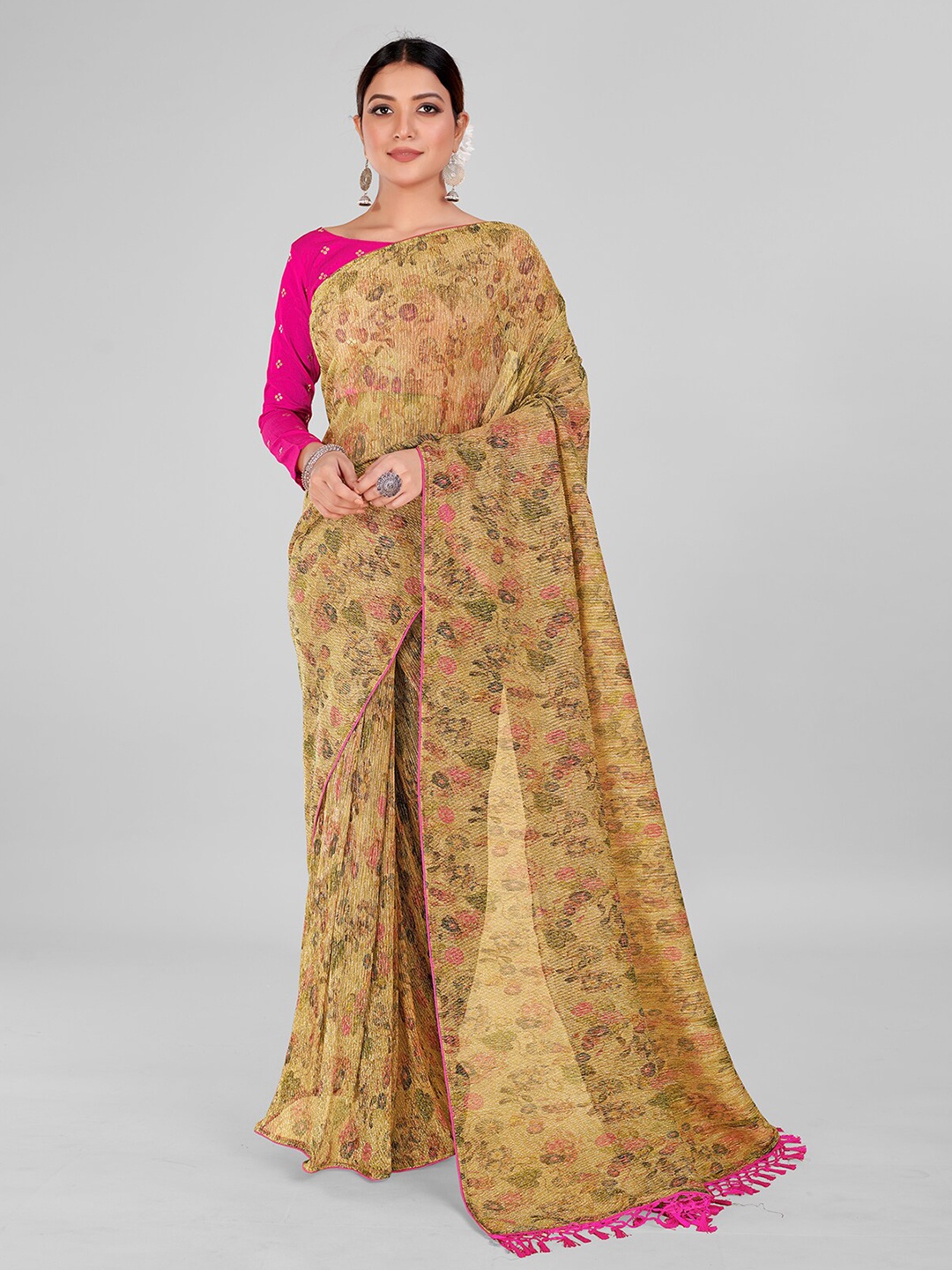 

Granthva Fab Floral Printed Art Silk Saree, Cream