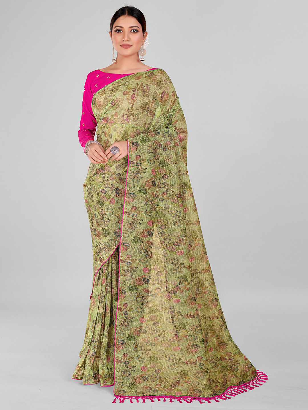 

Granthva Fab Floral Printed Zari Saree, Green