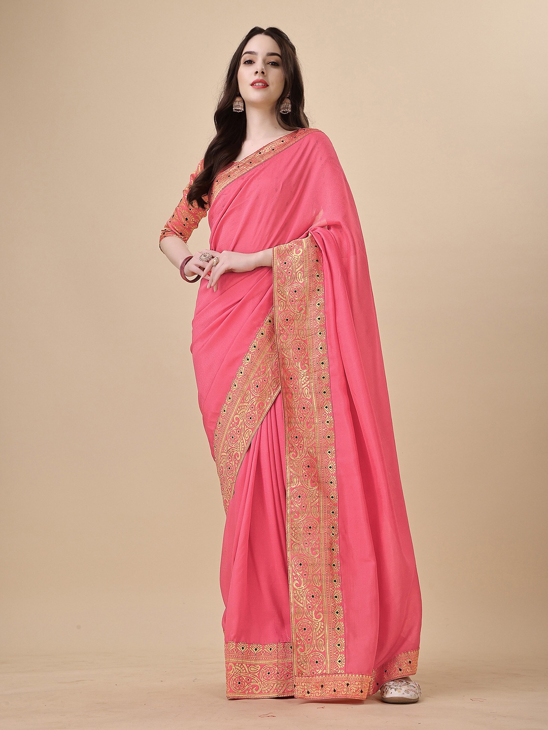 

UNITED LIBERTY Paisley Art Silk Banarasi Saree Jacquard Lace Border, Pink