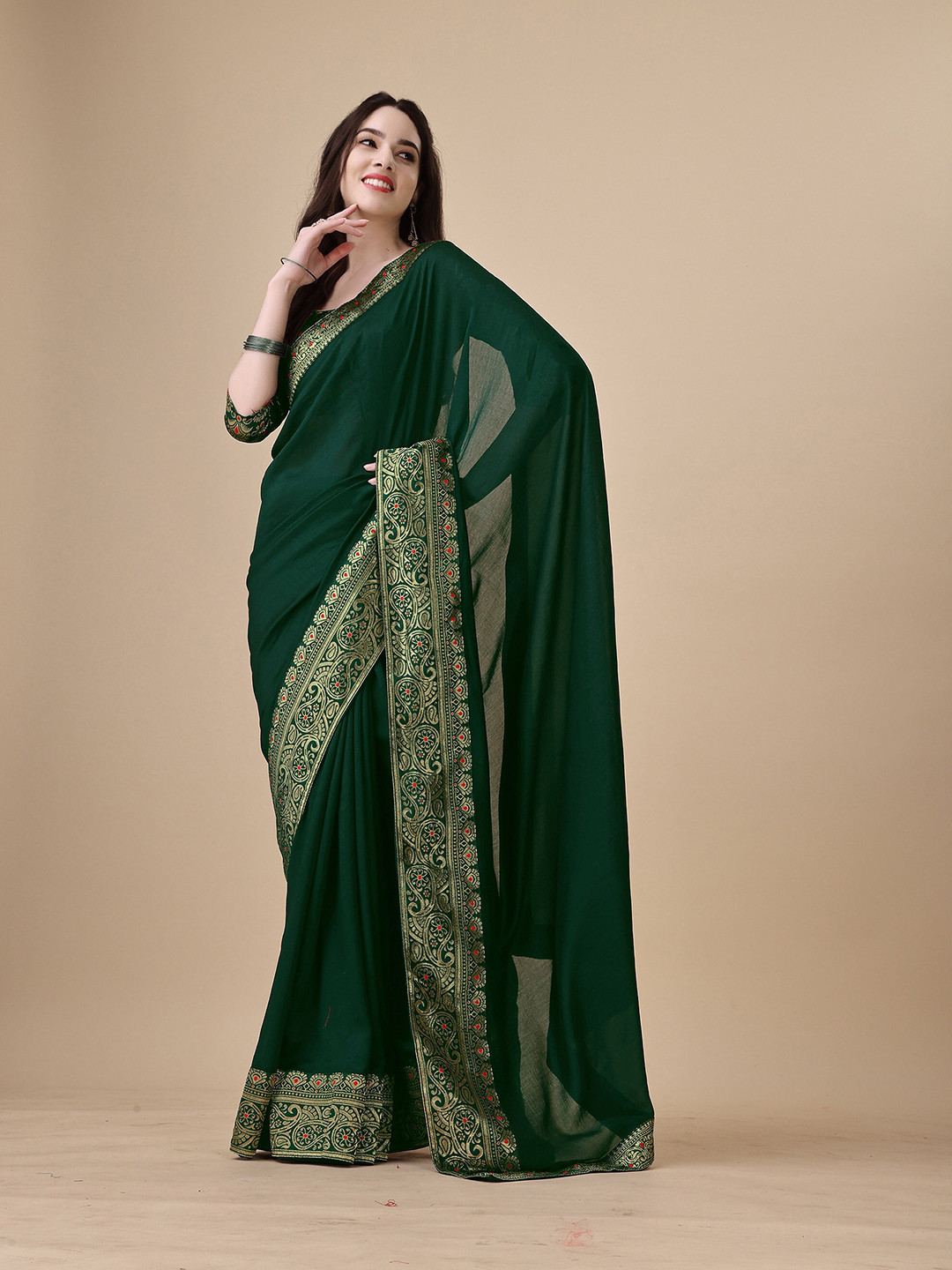 

UNITED LIBERTY Paisley Art Silk Banarasi Saree Jacquard Lace Border, Green