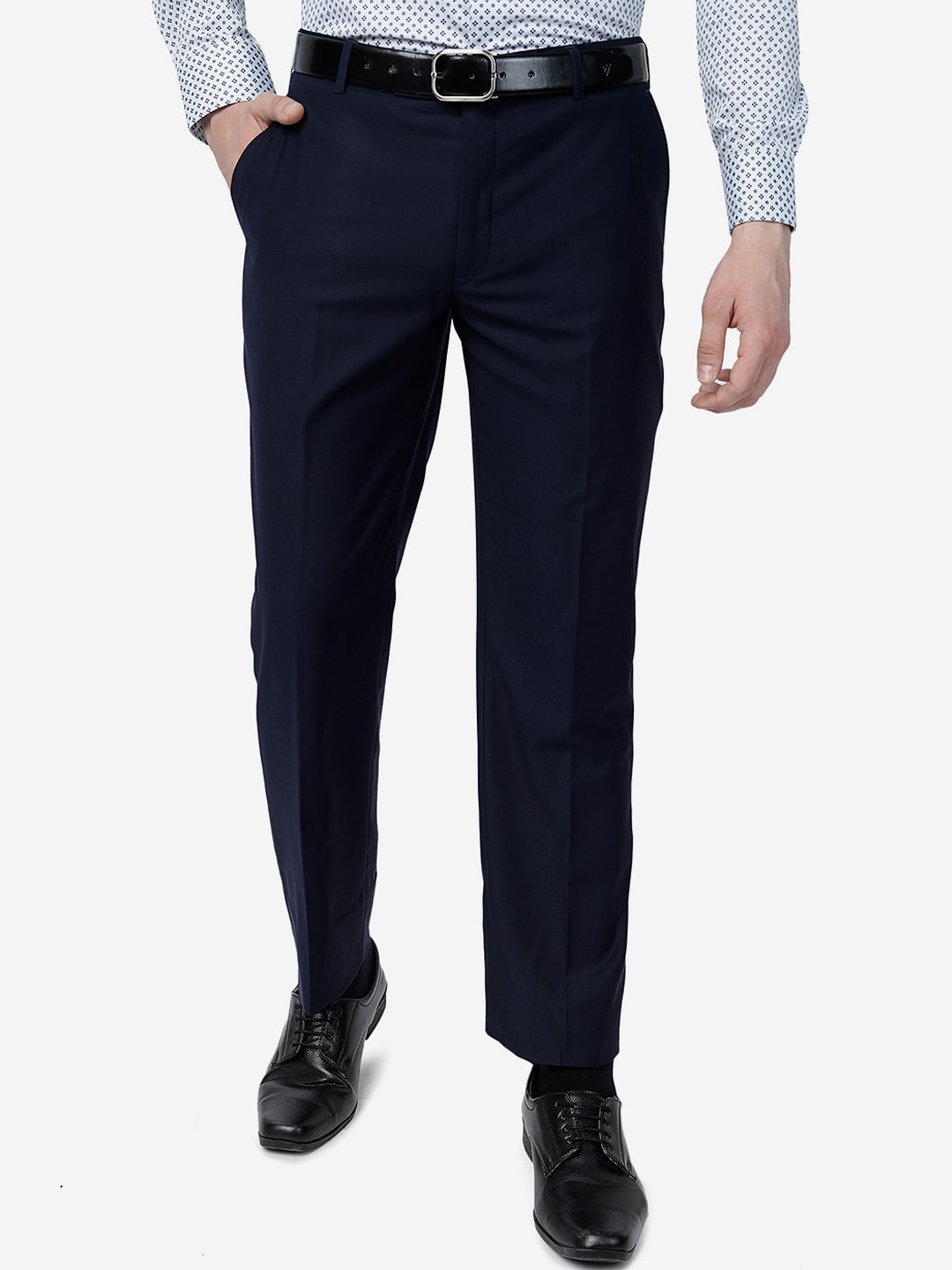 

JADE BLUE Men Slim Fit Mid-Rise Formal Trousers, Navy blue