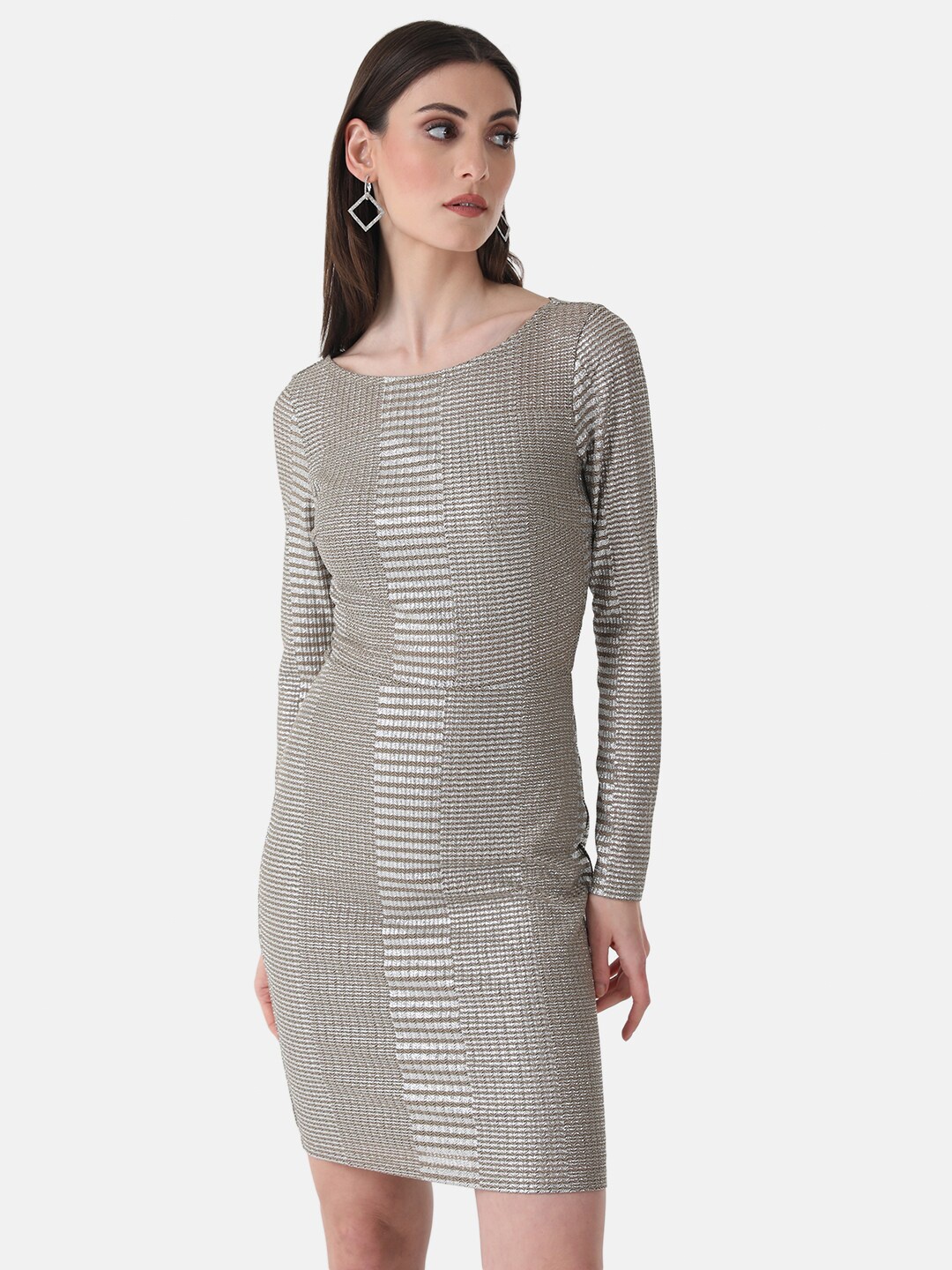 

Kazo Self Design Boat Neck Bodycon Mini Dress, Taupe