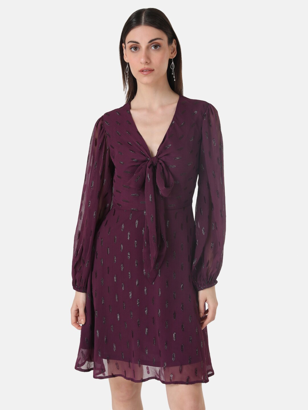 

Kazo Self Design Puff Sleeves Tie-Up Neck Fit & Flare Dress, Purple