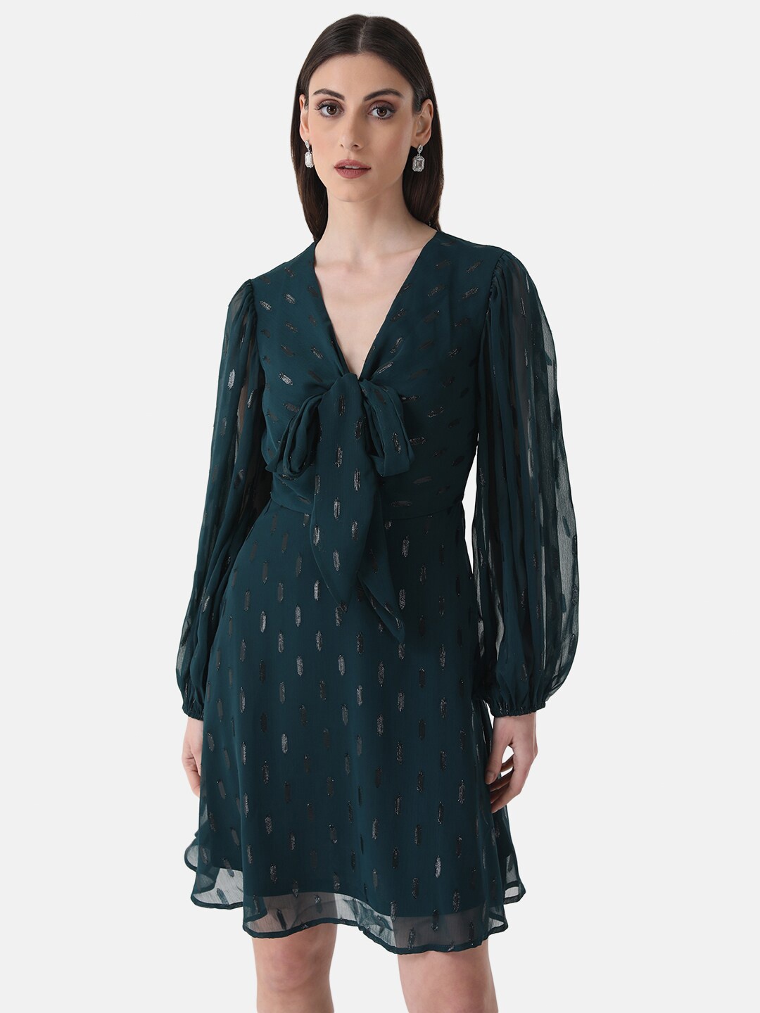 

Kazo Self Design Puff Sleeves Tie-Up Neck Fit & Flare Dress, Green