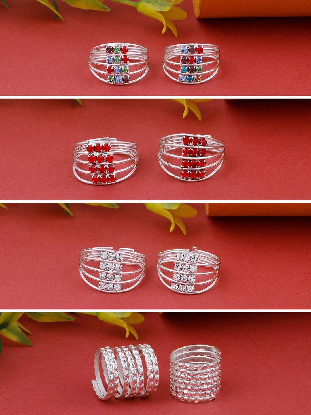 

Silver Shine Set Of 4 Silver-Plated Stone Studded Toe Rings, Red