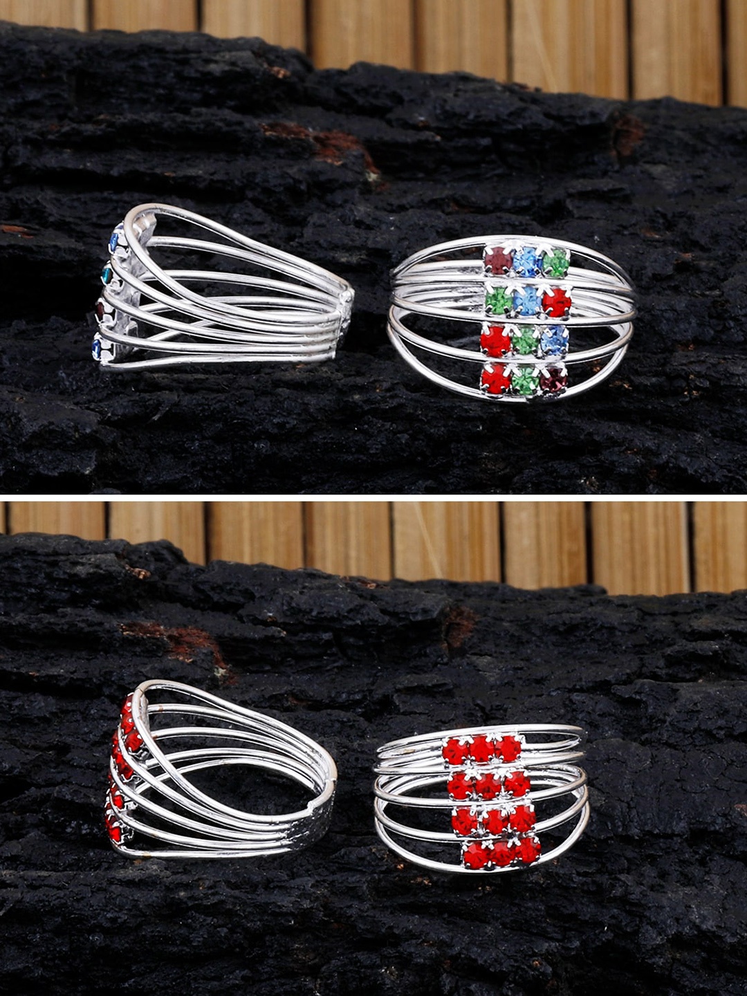 

Silver Shine Set Of 2 Silver-Plated Oxidised Stones Studded Toe Rings, Red