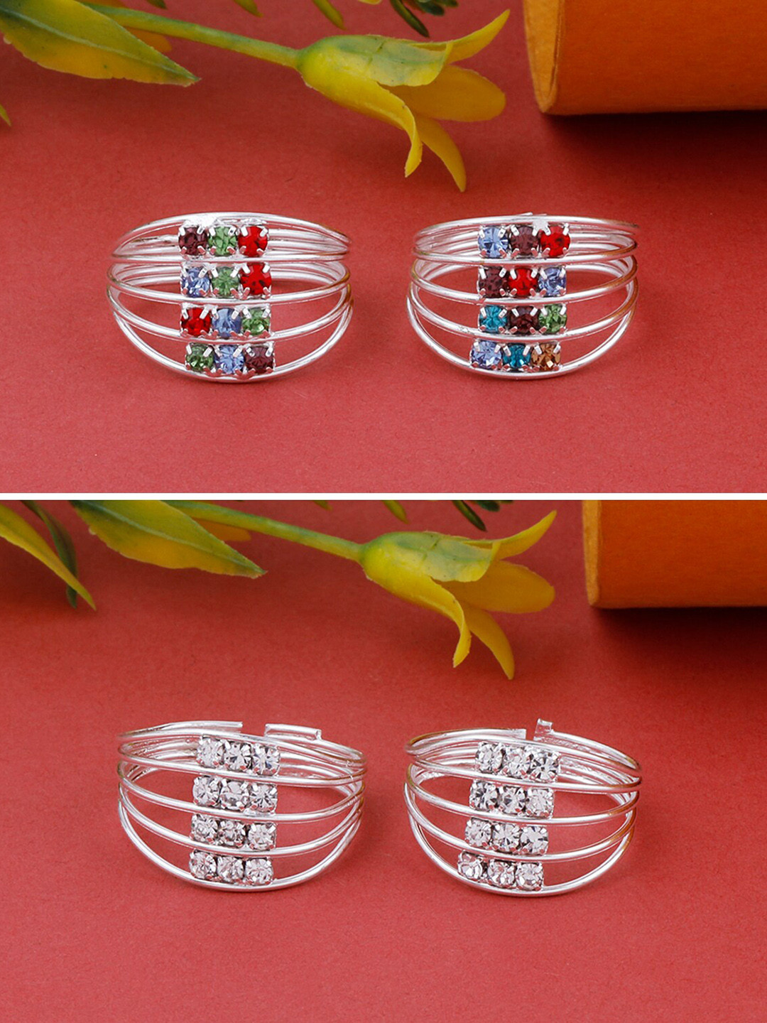 

Silver Shine Set Of 2 Silver-Plated Oxidised Stones Studded Toe Rings, White