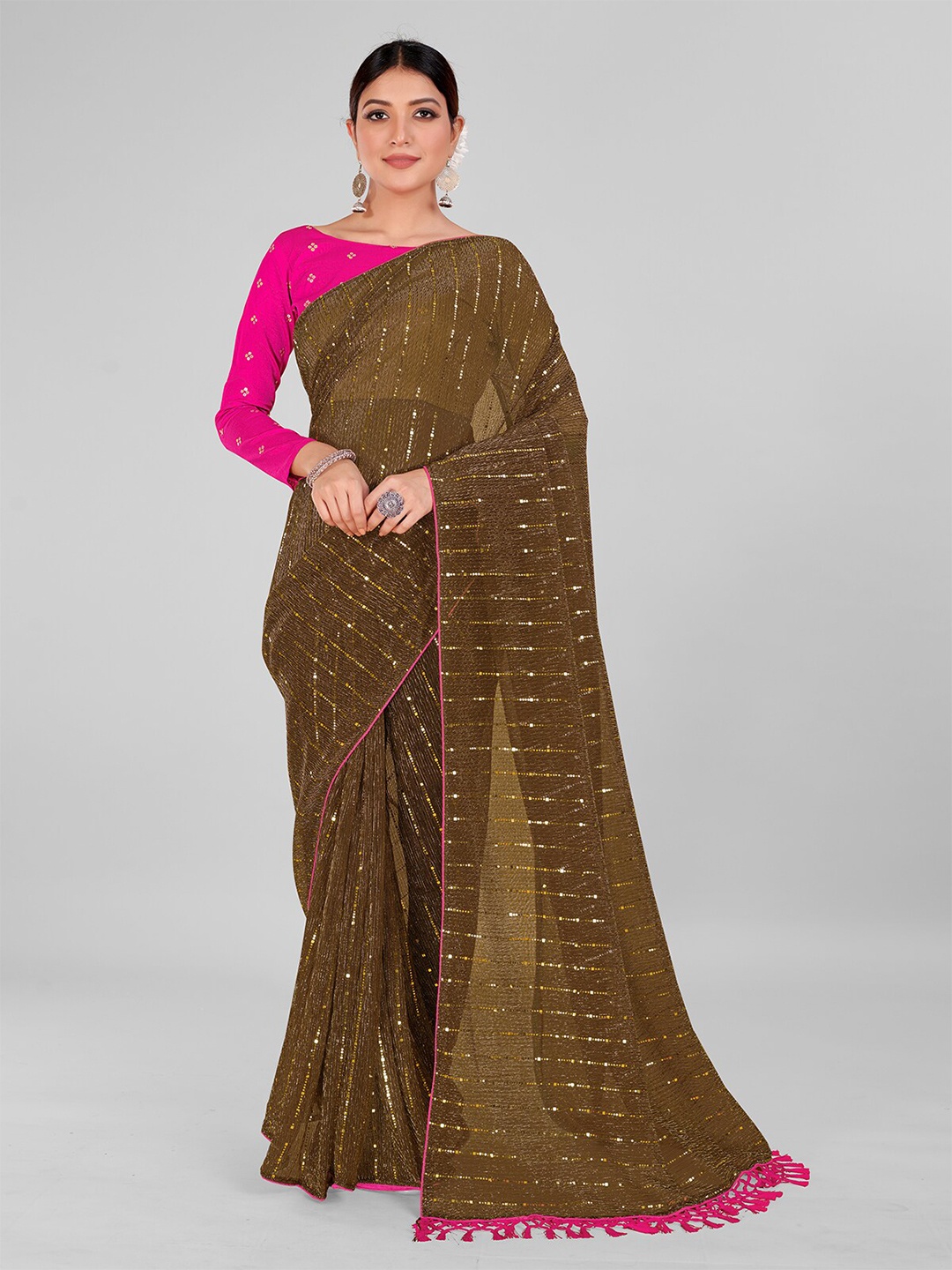 

Granthva Fab Embellished Sequinned Art Silk Saree, Brown
