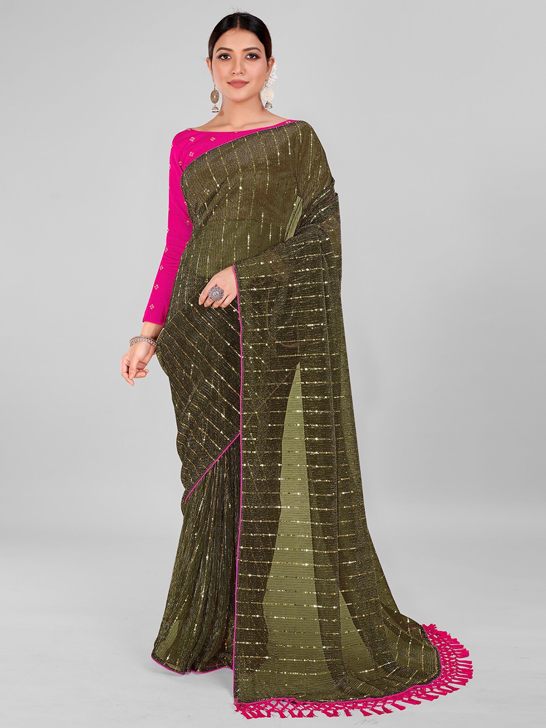 

Granthva Fab Striped Sequinned Embellished Saree, Olive