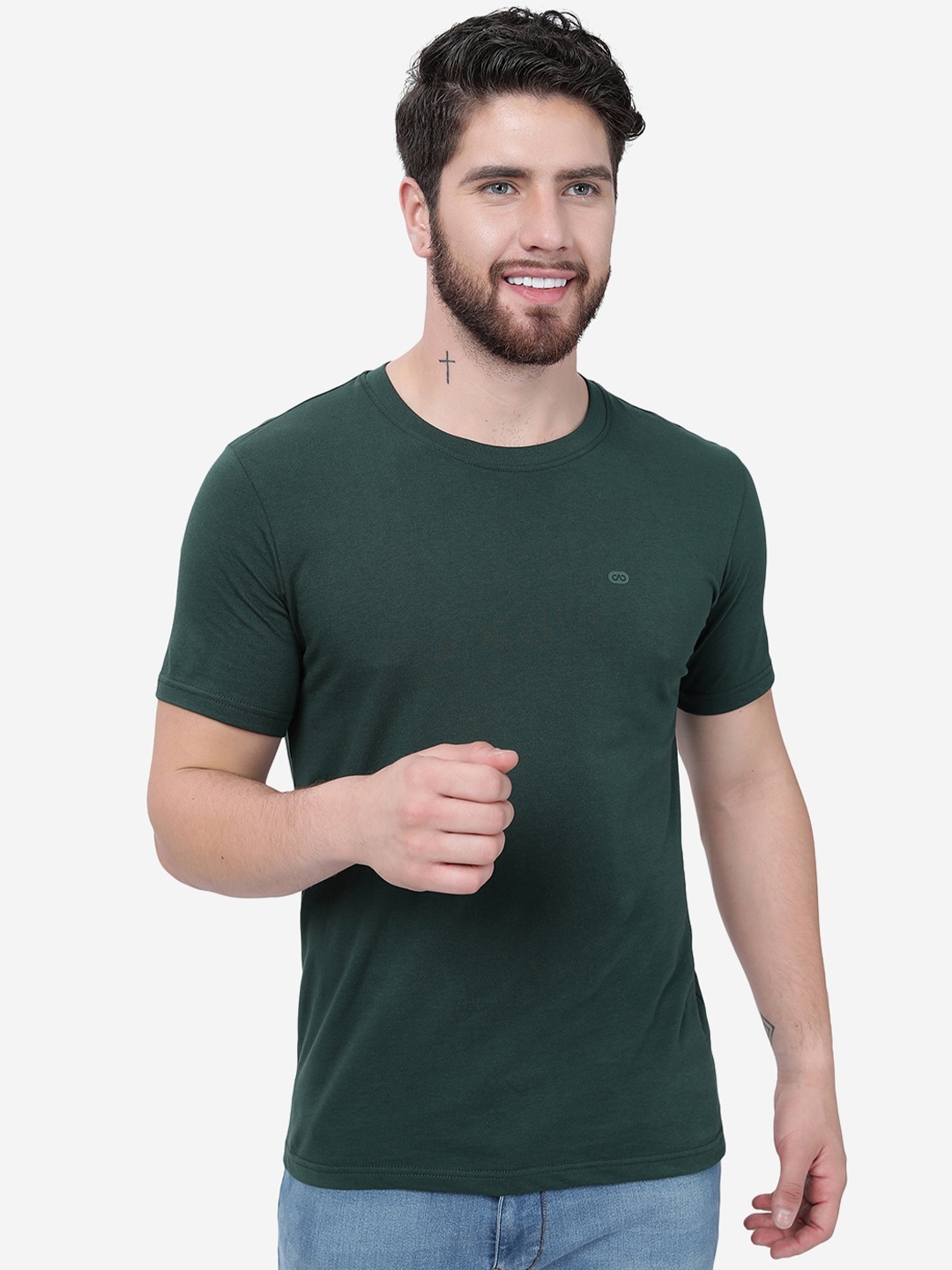 

JADE BLUE Round Neck Short Sleeves Pure Cotton Slim Fit T-shirt, Green