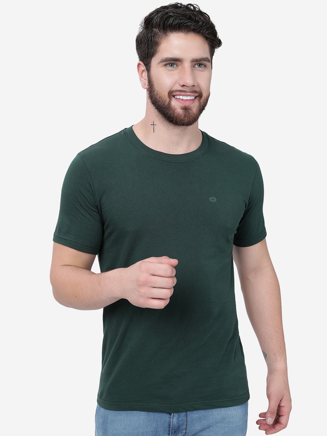 

JADE BLUE Round Neck Short Sleeves Pure Cotton Slim Fit T-shirt, Green