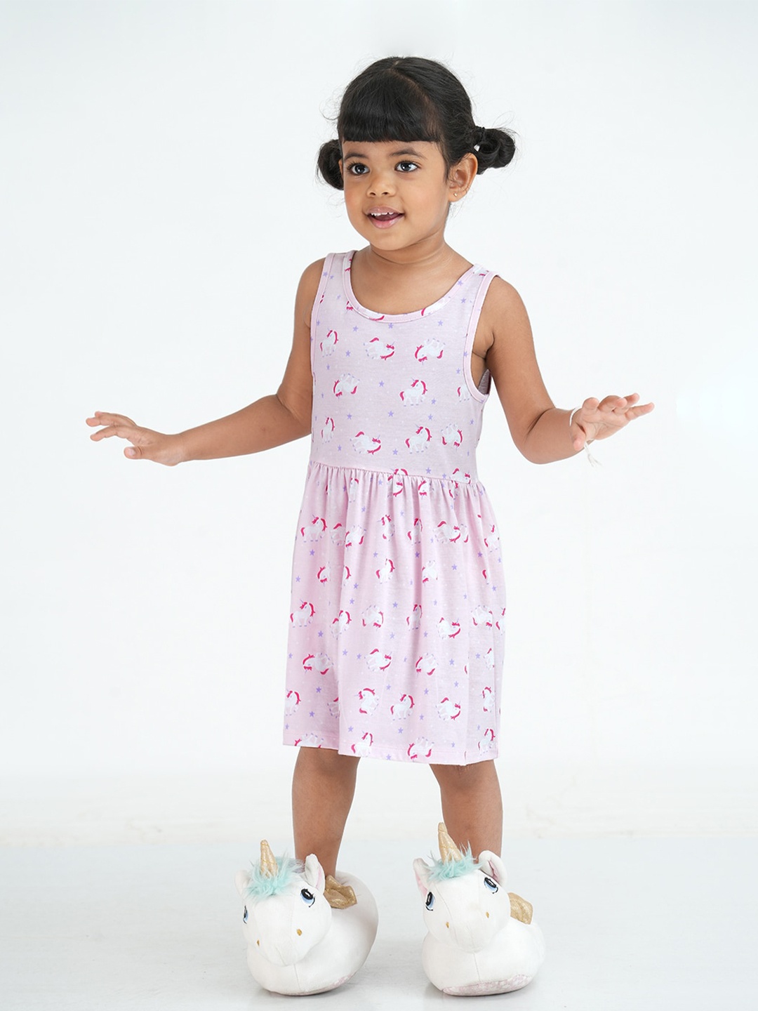 

mackly Girls Conversational Printed Pure Cotton Fit & Flare Dress, Pink