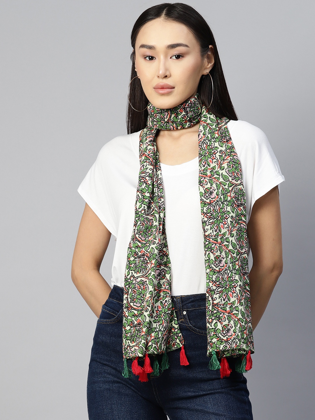 

WEAVERS VILLA Floral Printed Cotton Scarf, Green