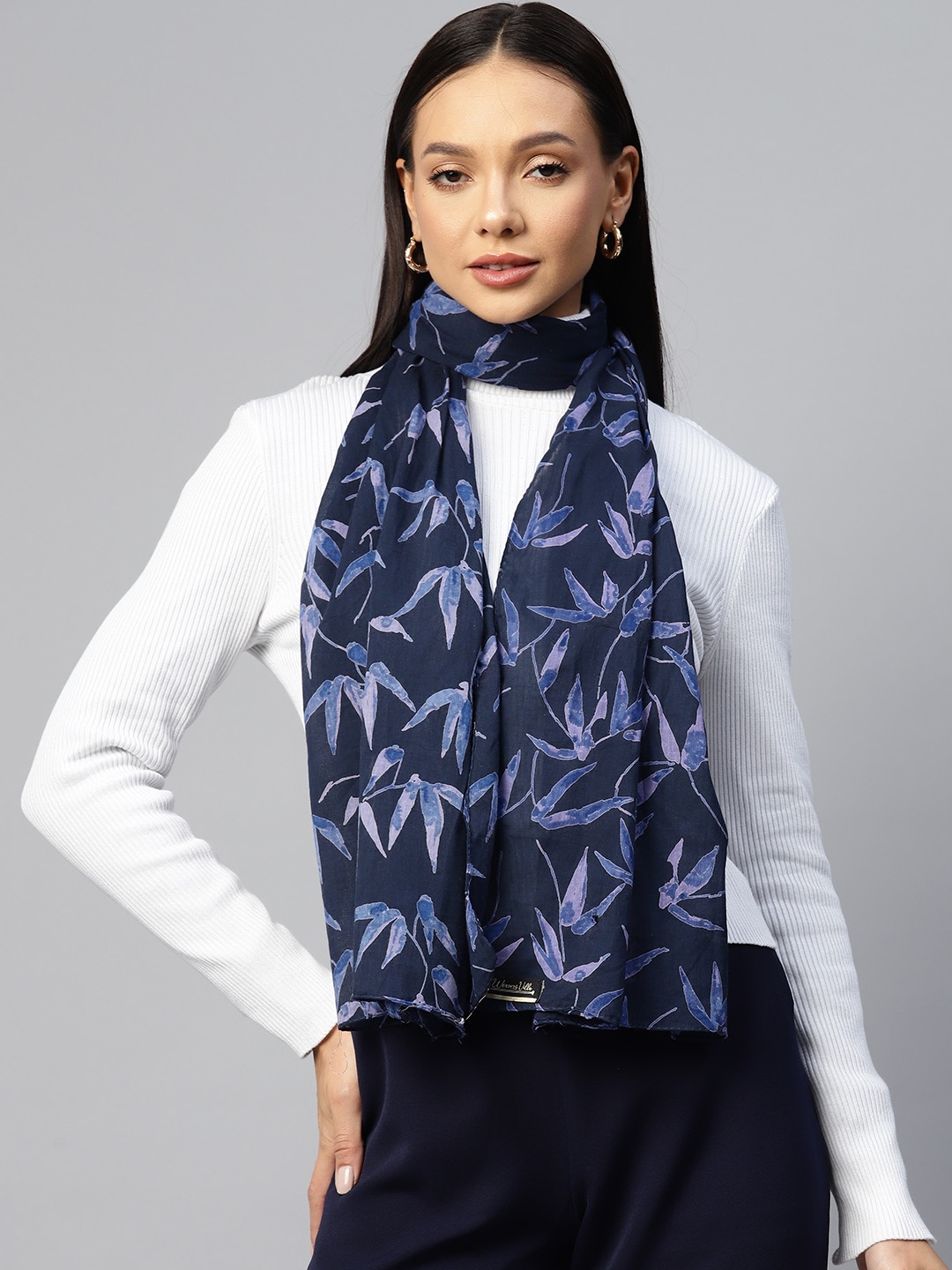 

WEAVERS VILLA Floral Printed Cotton Scarf, Navy blue