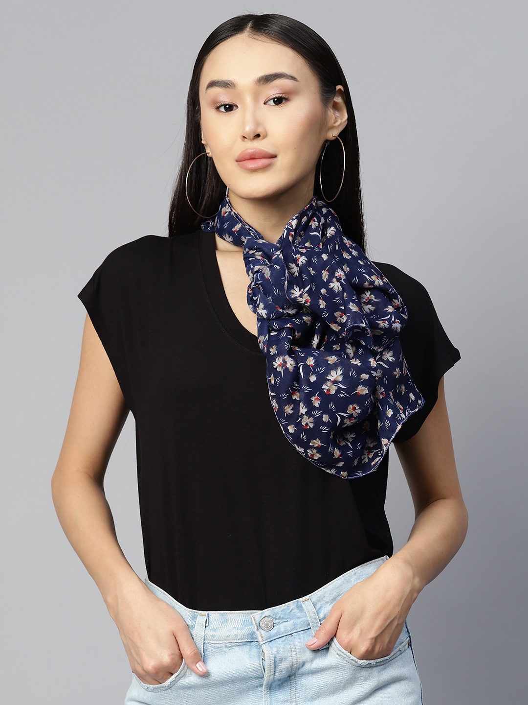 

WEAVERS VILLA Floral Printed Cotton Scarf, Navy blue