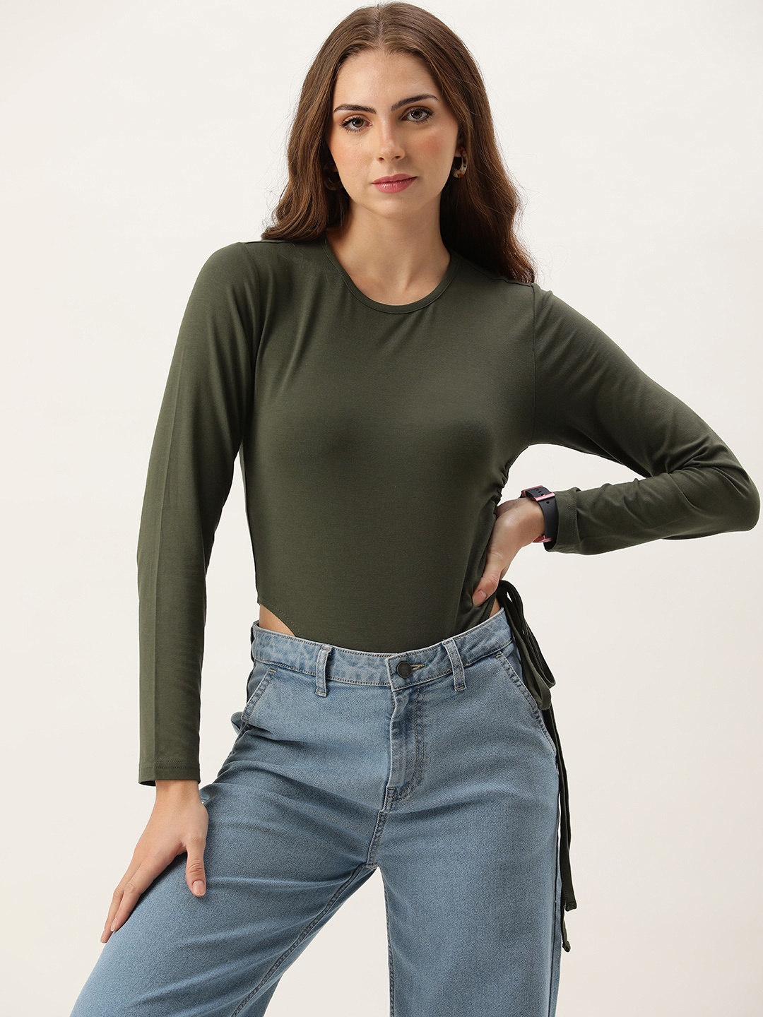 

FOREVER 21 Women Ruched Detail Bodysuit, Olive