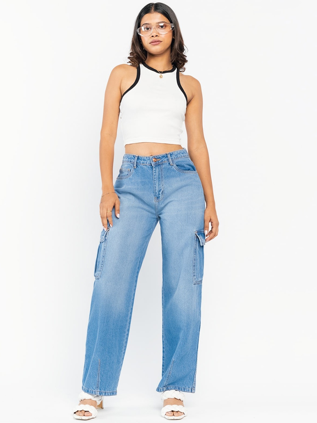 

FREAKINS Women Straight Fit High-Rise Heavy Fade Pure Cotton Jeans, Blue