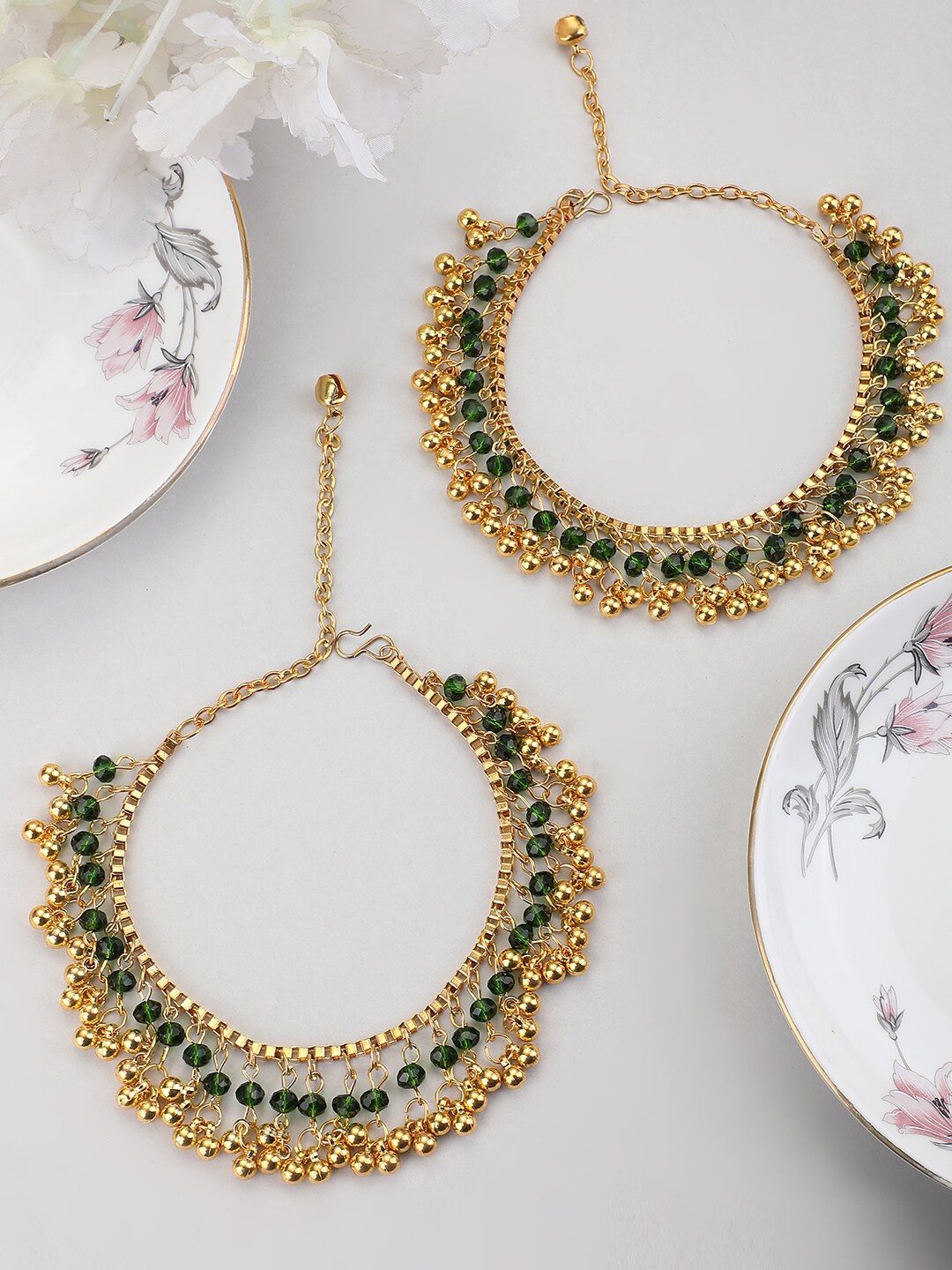 

ANIKAS CREATION 24K Gold-Plated Beaded Anklets, Green
