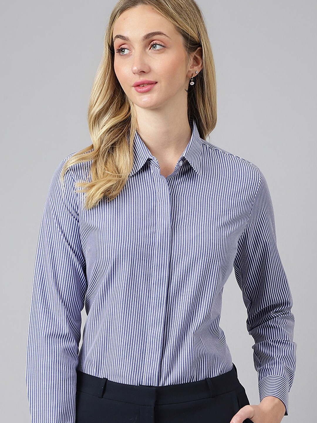 

English Navy Striped Formal Shirt, Blue
