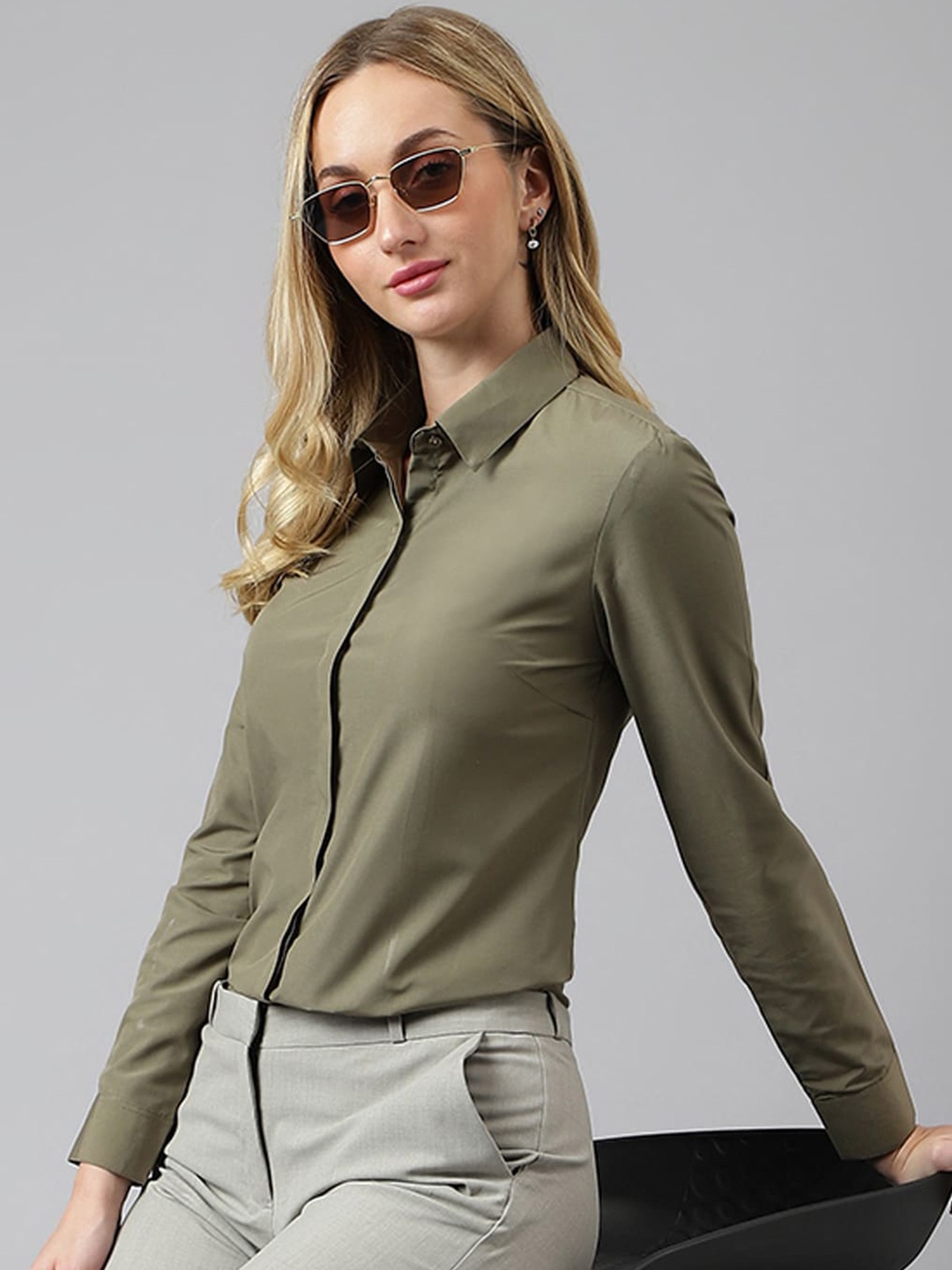 

English Navy Spread Collar Formal Shirt, Olive