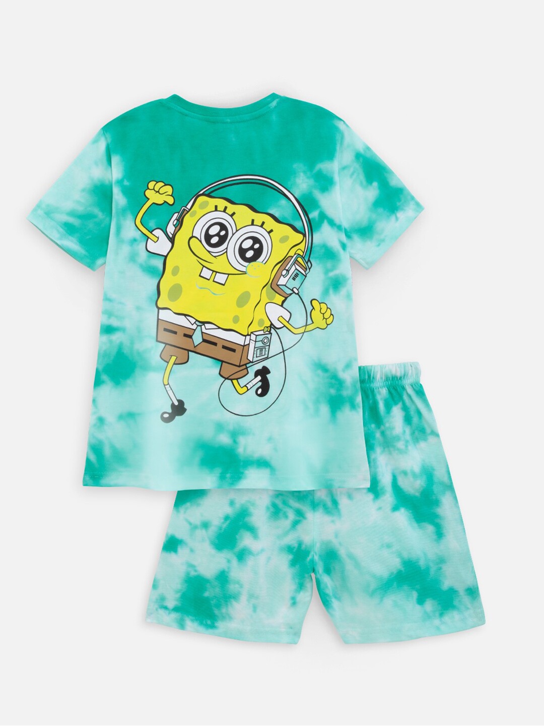 

Nap Chief Kids Tie & Dye Pure Cotton Spongebob T-Shirt With Shorts, Green